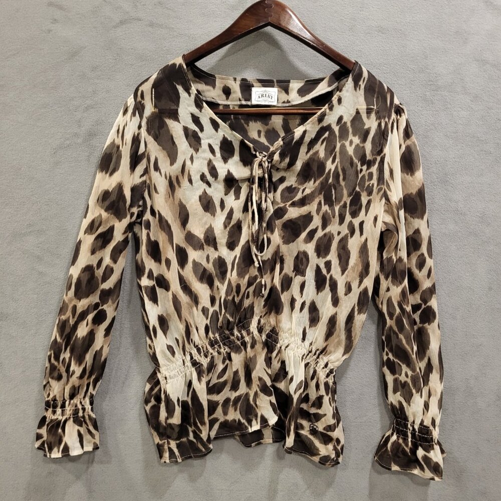 Ariat Sheer Blouse Women's Size‎ Large Long Sleeve  Leopard Print Tie Front Boho